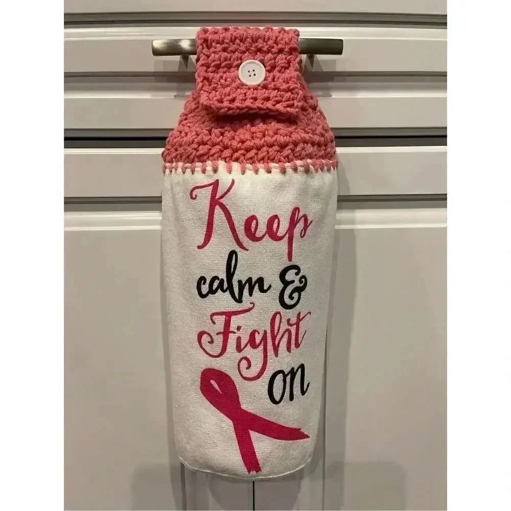 Crochet Top Kitchen Towel- Breast Cancer Awareness Keep Calm And Fight On